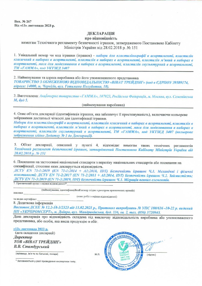 Декларація про відповідність: набори для пластилінографії, пластилін класичний в наборах,  пластилін в наборах, пластилін м'який в наборах, маса для моделювання, пластилін скульптурний в асортименті, ТМ "ГАММА"